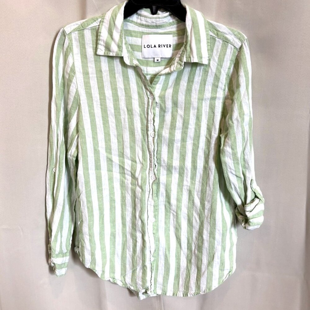 Lola River Women Top Medium Linen Tencel Blend Stripe Lagenlook Button Up 18547x